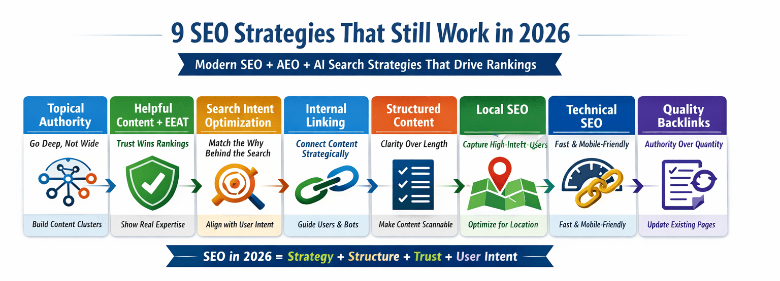 SEO strategies 2026 infographic showing 9 modern SEO techniques including AEO, GEO and AI SEO practices